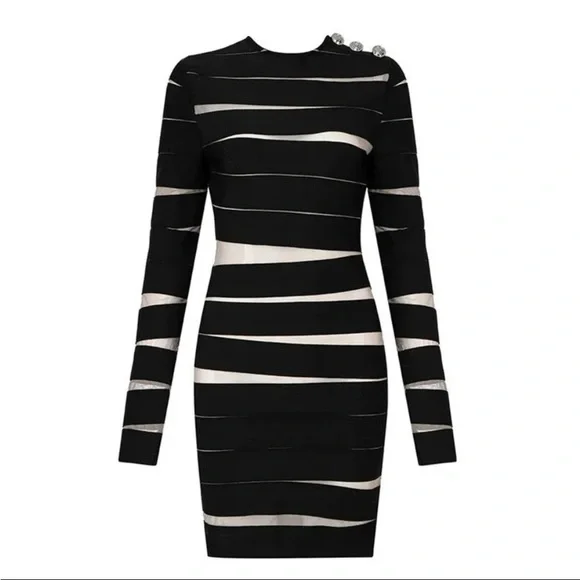 πNew Captivating Long Sleeve Sheer Mesh Design Round Neck Slim Fit Dress - Picture 5 of 12